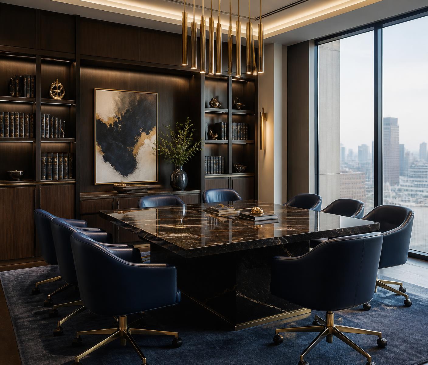Sala de reuniões de escritório de advocacia com vista para a cidade
